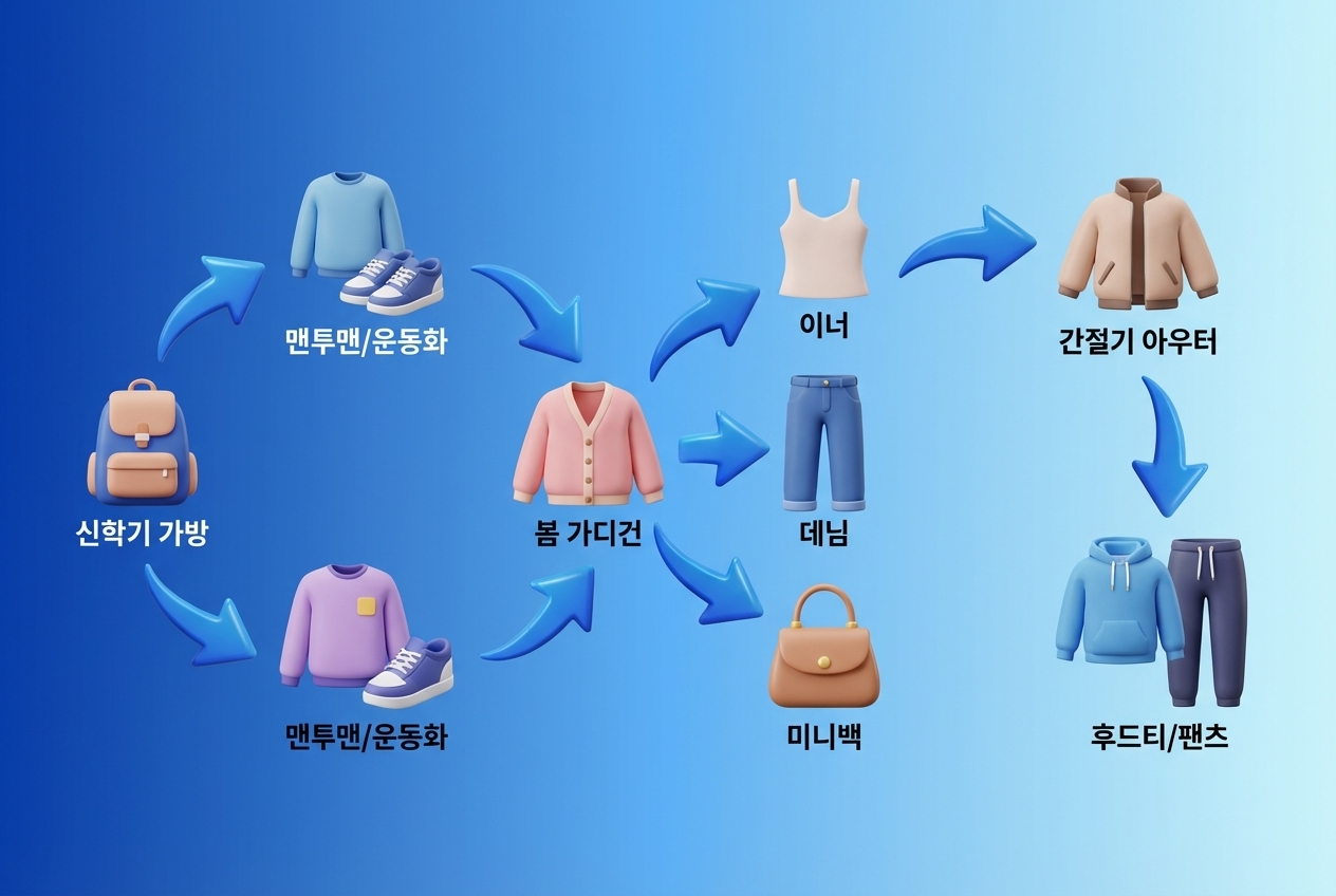 봄 시즌 상품군 연결도. 신학기 가방 → 맨투맨/운동화, 봄 가디건 → 이너/데님/미니백, 간절기 아우터 → 후드티/팬츠 등으로 연결되는 구조